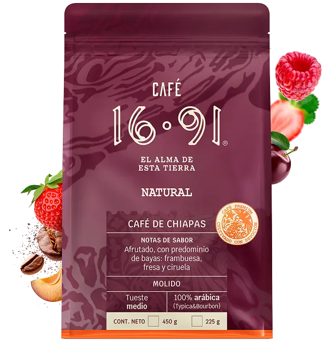 Café 16:91 natural Chiapas notas frambuesa fresa ciruela café molido arábica